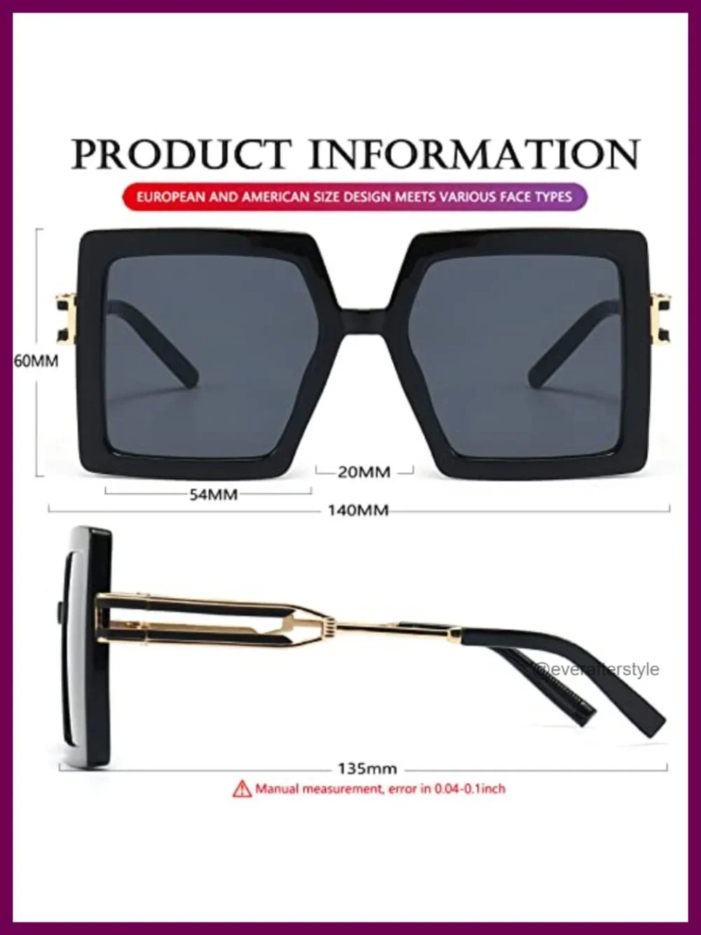 Oversized Square Sunglasses Women UV400 Protection Retro Metal Temple